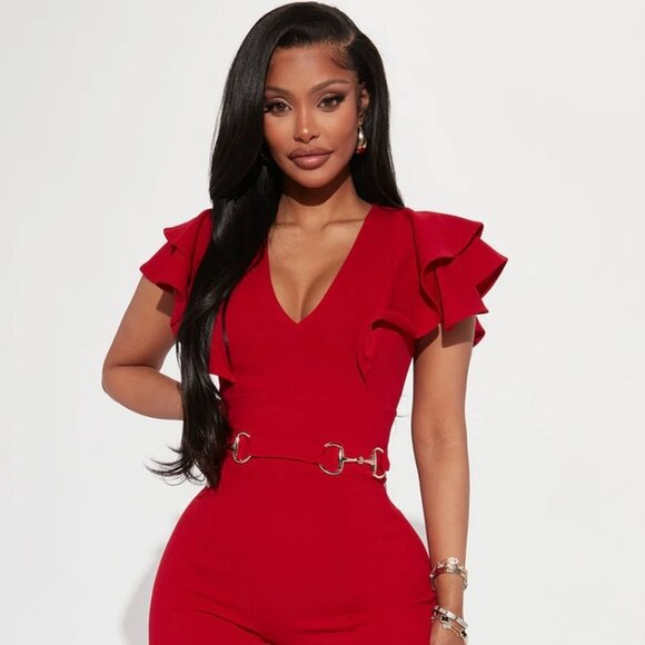 Fashion Nova Pants - Fashion Nova Red Ruffle Sleeve Jumpsuit – Size Medium
